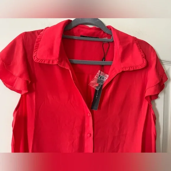 T Tahari Women's Reddish Orange Button-Down Blouse Flutter Sleeves Size Small - Picture 8 of 15